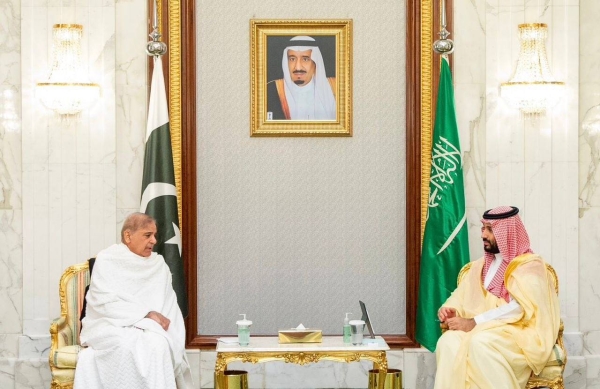 Crown Prince and Prime Minister of Saudi Arabia Prince Mohammed bin Salman and Pakistani Prime Minister Muhammad Shehbaz Sharif, meeting at Al-Safa Palace in Makkah on Sunday. 