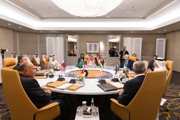 US Secretary of State Antony Blinken and foreign ministers of the Six-Party Arab Committee attend their consultative meeting in Riyadh on Monday.