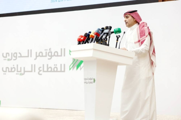 Saad Allazeez, Vice Chairman of the Saudi Pro League (SPL) Board, is addressing the press conference in Riyadh on Sunday.