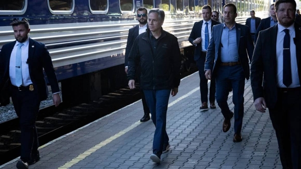 US Secretary of State Antony Blinken walks to board a Ukrainian Railways train at Przemysl Glowny train station while traveling to Kyiv, on May 13, 2024, in Przemysl, Poland