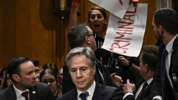 Protesters disrupted Antony Blinken's testimony to the US Senate on Tuesday