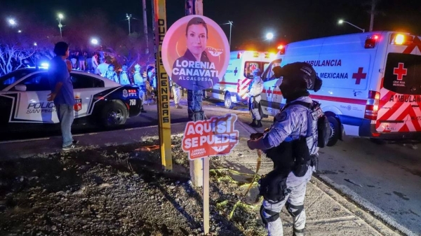 Security forces cordon off the area after a stage collapsed due to a gust of wind in San Pedro Garza García on May 22, 2024