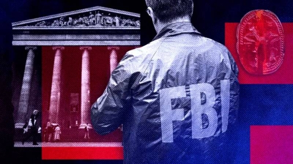 A man in FBI jacket and the front of the British Museum