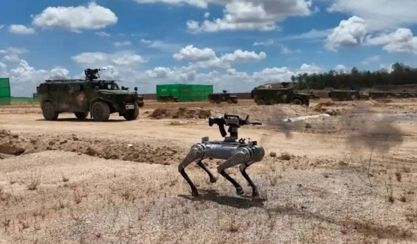 China's military displayed a machine gun equipped robot battle dog during joint drills with Cambodia