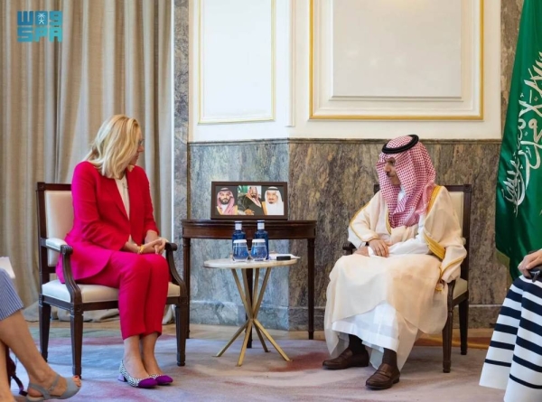 Saudi Minister of Foreign Affairs Prince Faisal bin Farhan holds talks with the United Nations Senior Humanitarian and Reconstruction Coordinator for Gaza Sigrid Kaag in Madrid on Thursday.