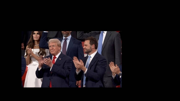 Trump appears during the first night of the convention on Monday, July 15.