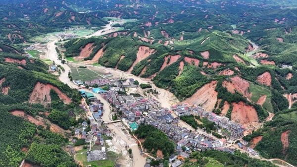 A photo released by Xinhua News Agency shows areas damaged by flooding in China's Hunan province on July 30, 2024