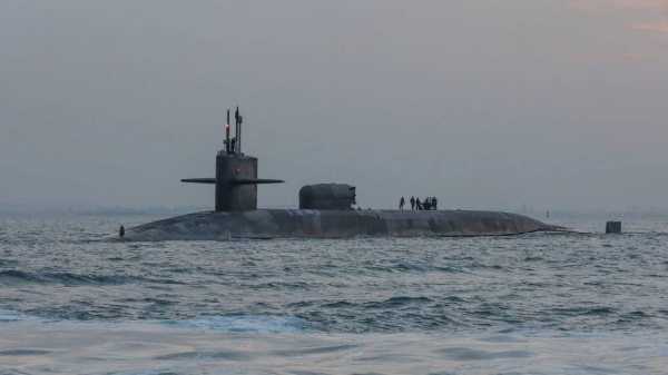 The USS Georgia transits the Gulf, outbound from a sustainment and logistics visit in Manama, Bahrain, on December 27, 2020