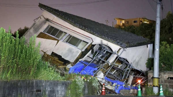 A collapsed house in Kagoshima prefecture, Japan, after a 7.1-magnitude earthquake on August 8, 2024