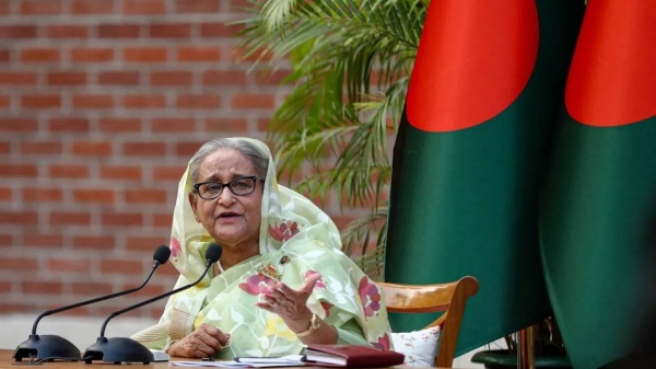 Sheikh Hasina speaks during a meeting with foreign observers and journalists at the Prime Minister's residence in Dhaka, Bangladesh, on January 8, 2024