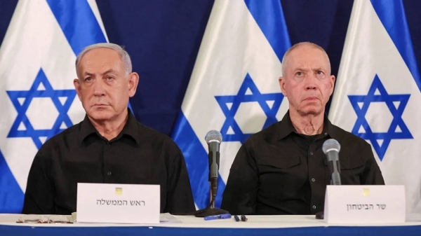 Israeli Prime Minister Benjamin Netanyahu and Defense Minister Yoav Gallant attend a press conference in Tel Aviv in October