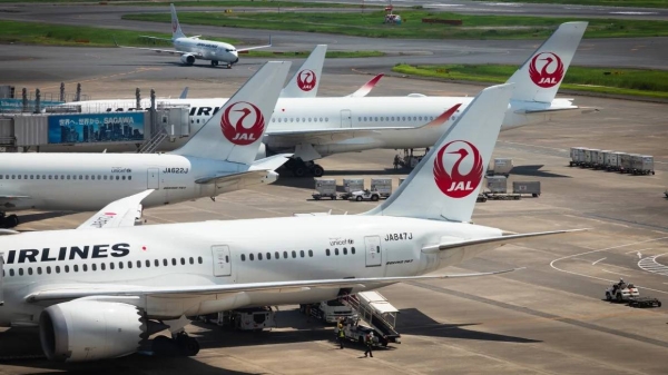 Japan Airlines planes at Haneda Airport in Tokyo on August 10, 2024