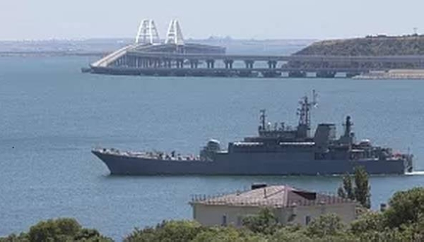 A Russian military landing ship sails not far from Kerch, Crimea, Monday, July 17, 2023