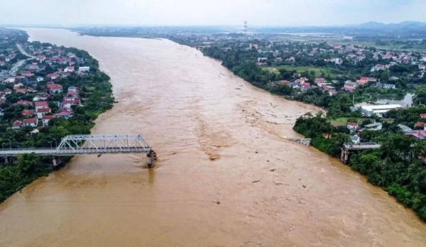 Footage online showed part of the 375-metre Phong Chau bridge still standing