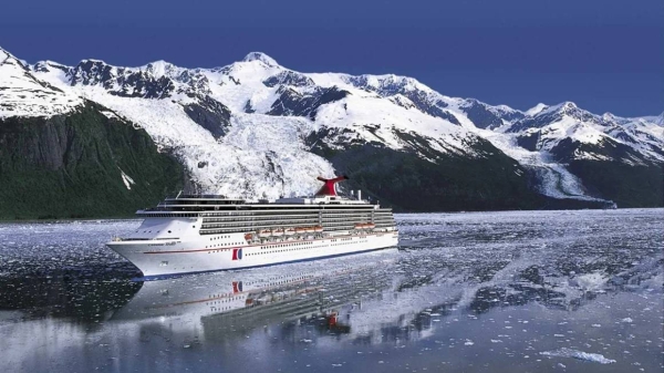 The Carnival Spirit cruise ship, photographed here sailing Alaska, recently collided with a large piece of ice near the city of Juneau