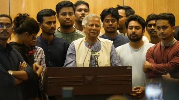 Muhammad Yunus (centre) took charge as the head of Bangladesh's interim government last month