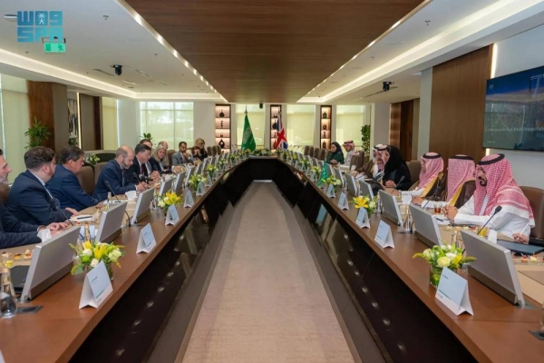 Saudi Minister of Commerce Dr. Majed Al-Qasabi and British Secretary of State for Business and Trade Jonathan Reynolds attend bilateral trade meetings in Riyadh on Monday.
