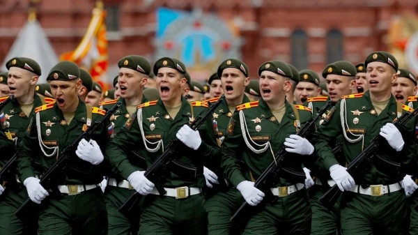 Russian troops march during the Victory Day military parade in Red Square in Moscow, Russia, May 9, 2024