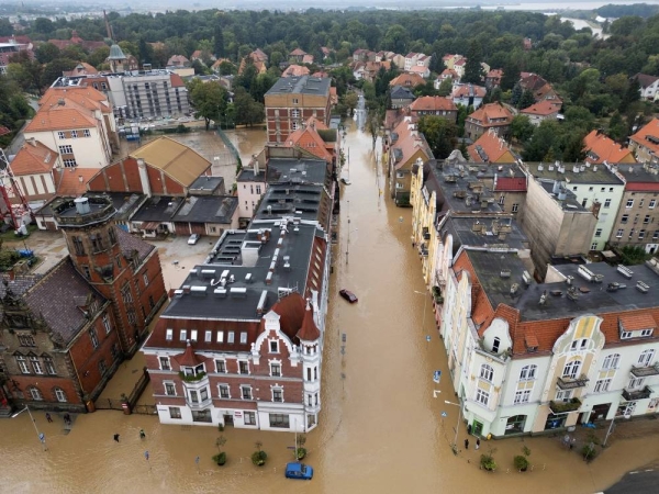 A drone view of a flooded area close to the Nysa Klodzka river in Nysa, Poland on September 16, 2024
