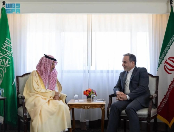 Saudi Minister of Foreign Affairs Prince Faisal bin Farhan holds talks with his Iranian counterpart Abbas Araghchi in New York on Sunday.
