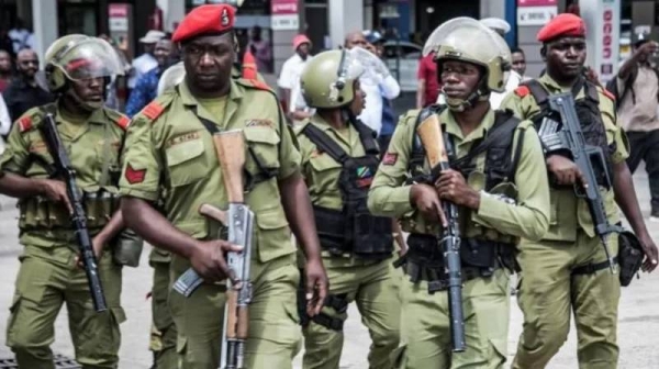 Members of the security forces patrol after preventing a banned opposition rally from taking place in Dar es Salaam, Tanzania, 23 September