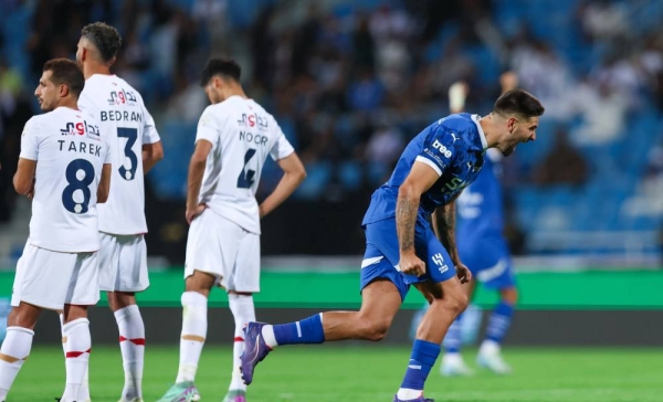 Aleksander Mitrovic of Al-Hilal celebrates after scoring for Al-Hilal against Damac. (SPL)