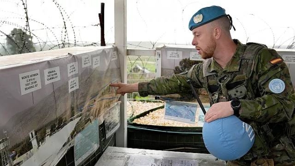 Capt. Hector Alonso Garcia of the Spanish UNIFIL battalion, at an observation tower in Abbassiyeh, a Lebanese border village with Israel, 10 January 2024