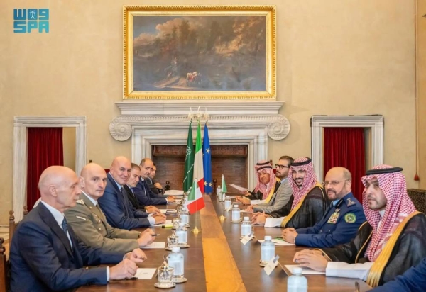 Saudi Minister of Defense Prince Khalid bin Salman and his Italian counterpart Guido Crosetto hold an expanded bilateral meeting in Rome on Tuesday.