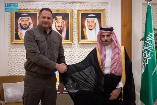 Saudi Minister of Foreign Affairs Prince Faisal bin Farhan receives Andriy Yermak, director of the Office of the Ukrainian president, in Riyadh on Tuesday