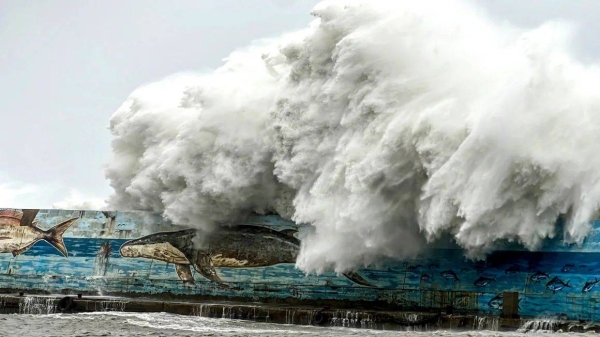 Giant waves crash over a sea wall as Typhoon Kong-rey nears the coast in Taitung, Taiwan on October 31, 2024