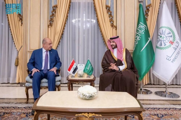 Saudi Minister of Defense Prince Khalid bin Salman holds talks with his Iraqi counterpart Thabet Mohammed Al-Abbasi in Riyadh on Monday.