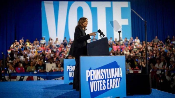 Kamala Harris speaks at a campaign rally on 30 October