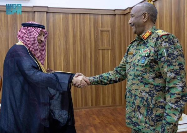 Lt. Gen. Abdel Fattah Al-Burhan, chairman of the Sovereign Council of Sudan, receives Saudi Deputy Minister of Foreign Affairs Eng. Walid Al-Kheraiji in Port Sudan on Tuesday.