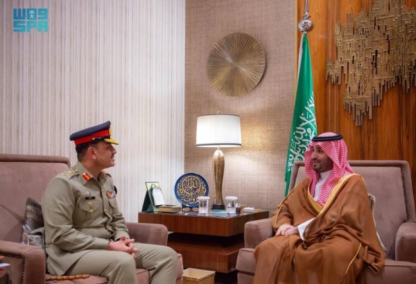 Saudi Crown Prince and Prime Minister Mohammed bin Salman holds talks with Pakistan's Chief of Army Staff Lt. Gen. Asim Munir in Riyadh on Wednesday.