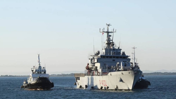 Navy ship Libra arriving at the port of Shengjin, Albania, carrying the first group of migrants destined for repatriation centers