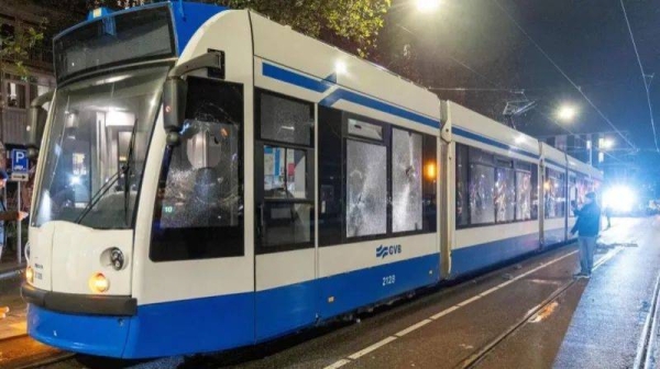 A tram stands vandalised in Amsterdam on Monday evening