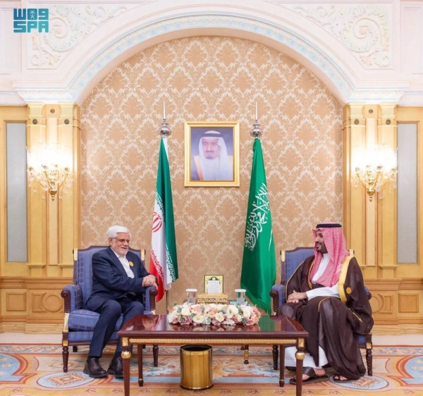 Saudi Crown Prince and Prime Minister Mohammed bin Salman holds talks with Iranian First Vice President Mohammad Reza Aref in Riyadh on Monday. 