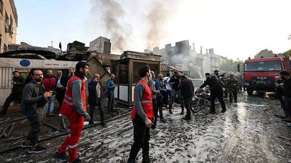 Damage following an Israeli strike in Damascus is seen on November 14. Syrian state media said at least 15 people were killed