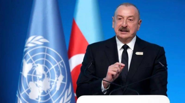 The President of Azerbaijan, Ilham Aliyev, addressing COP29 delegates