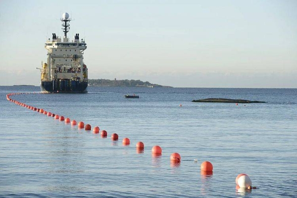 The C-Lion submarine telecommunications cable being laid to the bottom of the Baltic Sea off the shore of Helsinki, Finland, on October 12, 2015