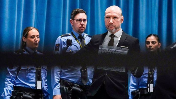 Anders Behring Breivik arrives at the courtroom for day one of the court's processing of Fjotolf Hansen's petition for parole on 19 November 2024