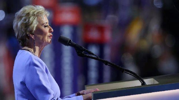 Linda McMahon, former administrator of Small Business Administration, speaks at the Republican National Convention at the Fiserv Forum in Milwaukee on July 18