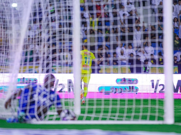 Abdullah Al-Salem celebrates his second goal against Al Hilal. (SPL)