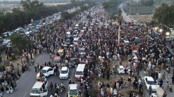 Supporters of jailed former Pakistan's prime minister Imran Khan's Pakistan Tehreek-e-Insaf (PTI) party gather during a protest demanding his release