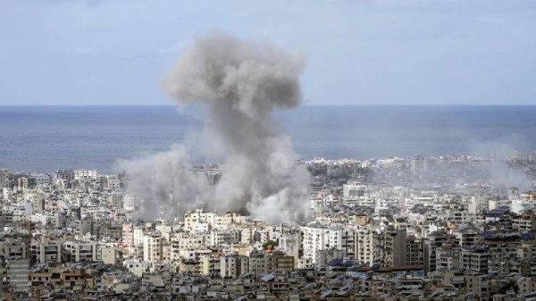 Smoke rises after an Israeli airstrike on Dahiyeh, in the southern suburb of Beirut, Lebanon on Monday