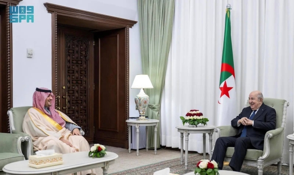 Saudi Minister of Interior Prince Abdulaziz bin Saud bin Naif holds talks with Algerian President Abdelmadjid Tebboune in Algiers on Thursday.
