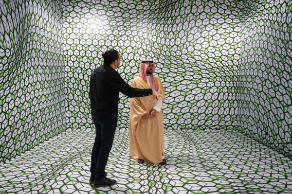 Saudi Minister of Culture Prince Badr bin Abdullah tours the Diriyah Art Futures On Wednesday.
