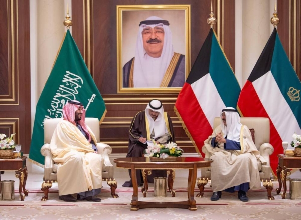 Kuwait's Emir Sheikh Meshal Al-Ahmad Al-Jaber Al-Sabah holds talks with Saudi Crown Prince and Prime Minister Mohammed bin Salman in Kuwait on Sunday.