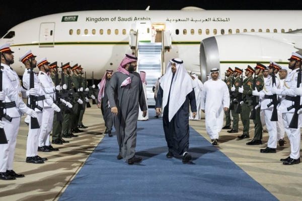 UAE President Sheikh Mohammed bin Zayed Al-Nahyan receives Saudi Crown Prince and Prime Minister Mohammed bin Salman in Al-Ain on Sunday.