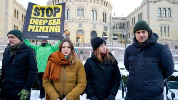 Protesters held a demonstration against seabed mining outside the Norwegian Parliament building in Oslo earlier this year